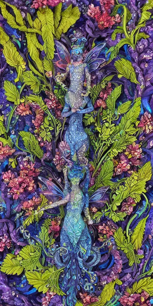 Prompt: intricate colourfully painted carved Soapstone relief paneling of a fairy dragon, faerie, silver and sapphire, mythical, vibrant vegetation, trees, flowers, colorful vines, dark atmosphere, bright colors, vivid colors, Ghostly, ornate, mystical, fantasy, crystaline celtic, insanly detailed , trending on artstation, wallpaper, hyper realistic, realistic lighting, ambient occlusion, 8k, unreal engine, octane render, HDR, HD, award winning, featured, VFX, CGI