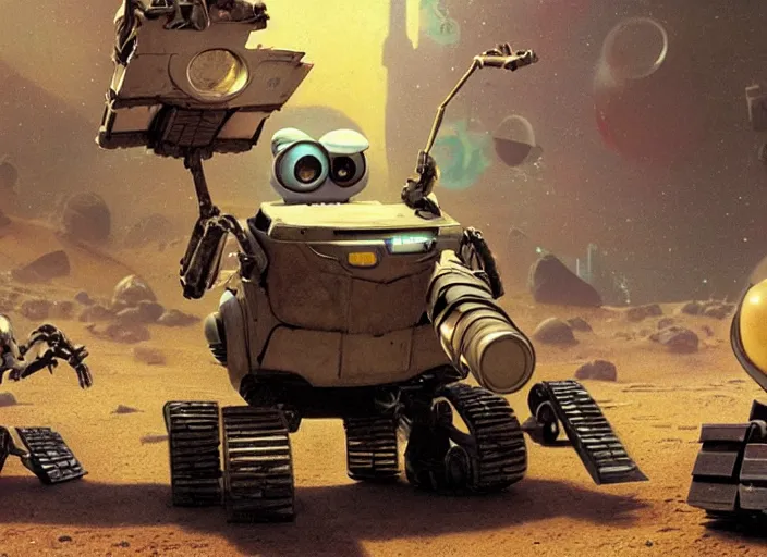 Image similar to polaroid movie still of wall - e on the planet pluto dancing with eva and their robot offspring, artwork by gaston bussiere, craig mullins