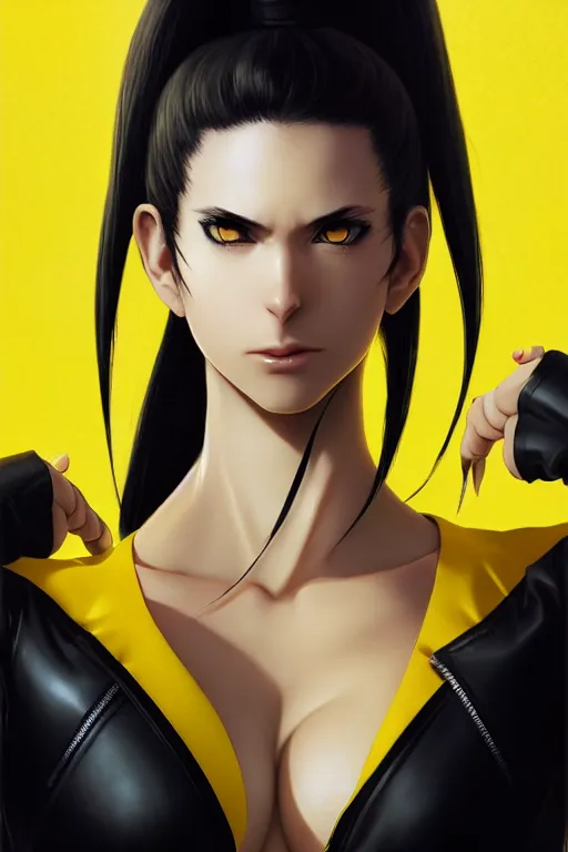 Image similar to black ponytail hair, pale woman in a black zipper jacket and yellow bikini, yellow eyes, by artgerm, hair tied in a ponytail, black backdrop, masterpiece, beautiful render, matte painting, realistic, fighting pose, dynamic angle, by greg rutkowski makoto shinkai takashi takeuchi