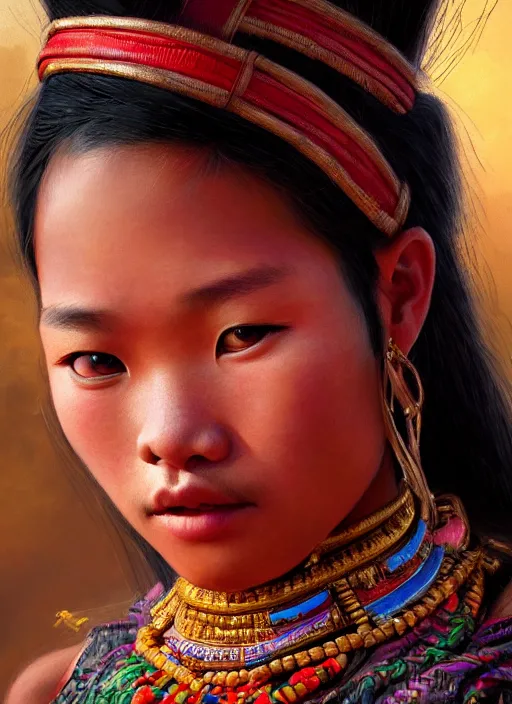 Image similar to portrait of a beautiful teen tai ethnic north thailand, closeup portrait, historical, ethnic group, traditional costume, elegant, loin cloth, highly detailed, oil painting, artstation, concept art, matte, sharp focus, illustration, hearthstone, art by earl norem