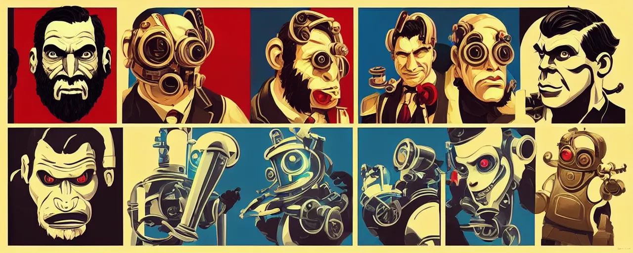 Image similar to evolution from apes to robot. pop art, pixel, bioshock art style, gta chinatown art style, dynamic proportional, dynamic composition, face features, body features, ultra realistic art, digital painting, concept art, smooth, sharp focus, illustration, intricate, without duplication, elegant, confident posse, art by artgerm and richard hamilton and mimmo rottela