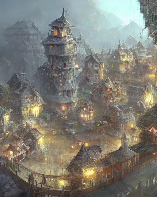 Image similar to a tiny miniscule town living on the thread of a spiders web, fantasy concept art, trending on art station, stunning visuals, creative, cinematic, ultra detailed