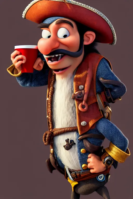 Image similar to portrait of the pirate blackbeard holding a cup of coffee, full body. pixar disney 4 k 3 d render funny animation movie oscar winning trending on artstation and behance. ratatouille style.