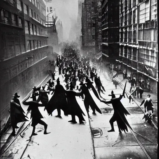 Image similar to old black and white photo, 1 9 1 3, depicting batman fighting bad guys in an ally of new york city, rule of thirds, historical record