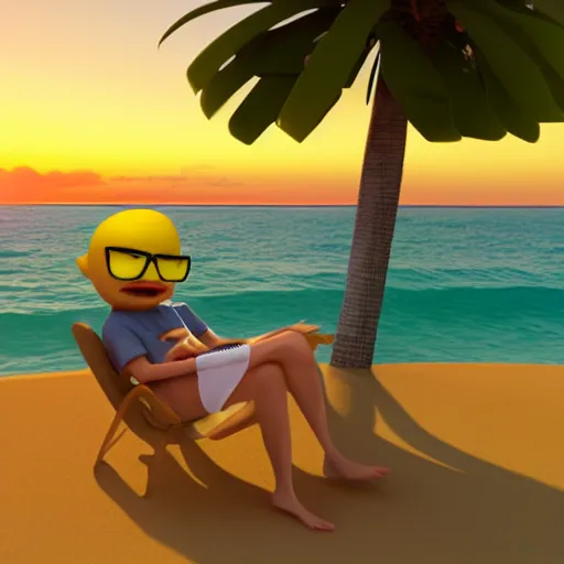 Prompt: 3 d render, chibi lemon character with an angry look on his face, he is wearing green sunglasses and a hat, relaxing on the beach at sunset