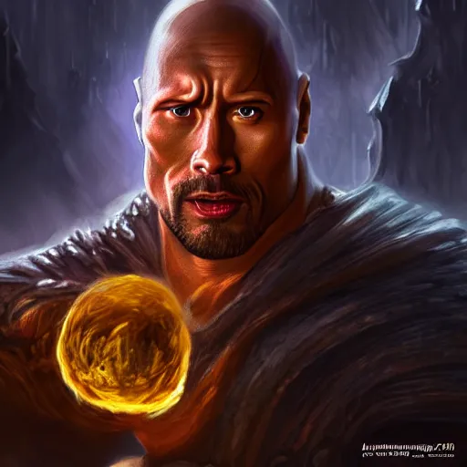 Image similar to closeup 2 8 mm dwayne johnson warlock casting a spell in a castle, d & d, fantasy, intricate, action pose, particle effects, highly detailed, digital painting, artstation, concept art, matte, sharp focus, volumetric lighting, illustration, hearthstone, art by artgerm, wlop, greg rutkowski and alphonse mucha