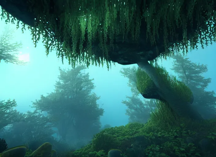 Image similar to a forest that grows upside down entirely underwater. Intricate. Very detailed 8k. Fantasy horror. Sharp. Cinematic post-processing. Unreal engine. Nanite. Ray tracing. Parallax. Tessellation