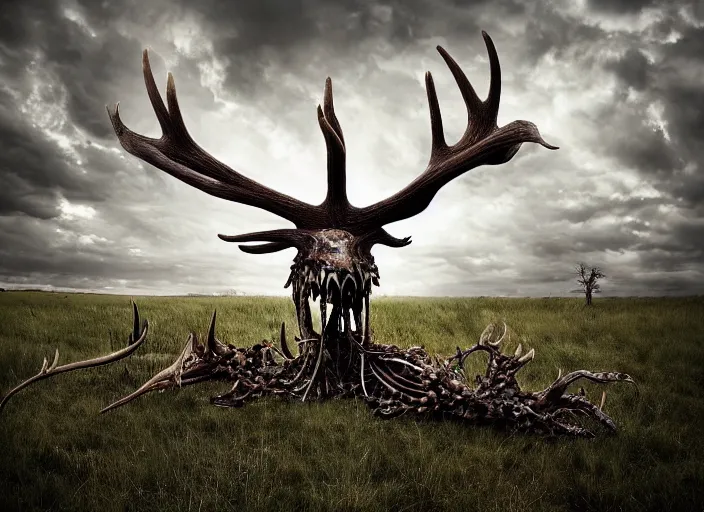 Prompt: photograph of a horrifying nature monster made of animal parts, tree parts, bones, antlers and an extremely long neck, in a meadow, nightmare, designed by ken barthelmey, dramatic lighting, full frame photography