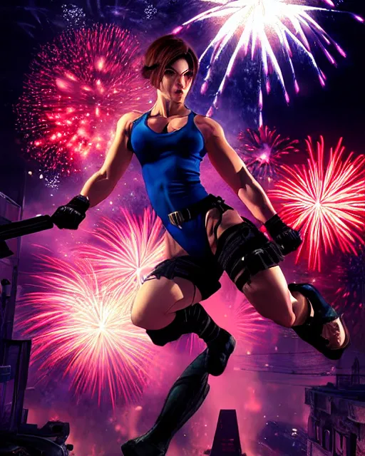 Image similar to gigachad jill valentine bodybuilder jumping in front of a fireworks show fighting in racoon city, fantasy character portrait, ultra realistic, anime key visual, full body concept art, intricate details, highly detailed by greg rutkowski, ilya kuvshinov, gaston bussiere, craig mullins, simon bisley