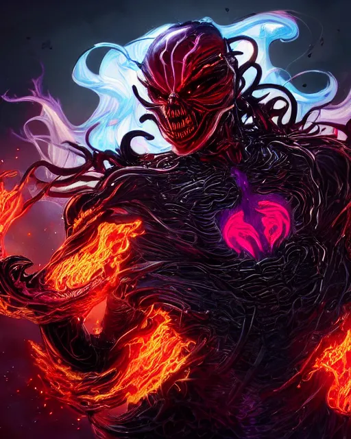 Image similar to ghost rider symbiote, purple and red variant, dynamic lighting, fantasy concept art, trending on art station, stunning visuals, creative, cinematic, ultra detailed, comic strip style