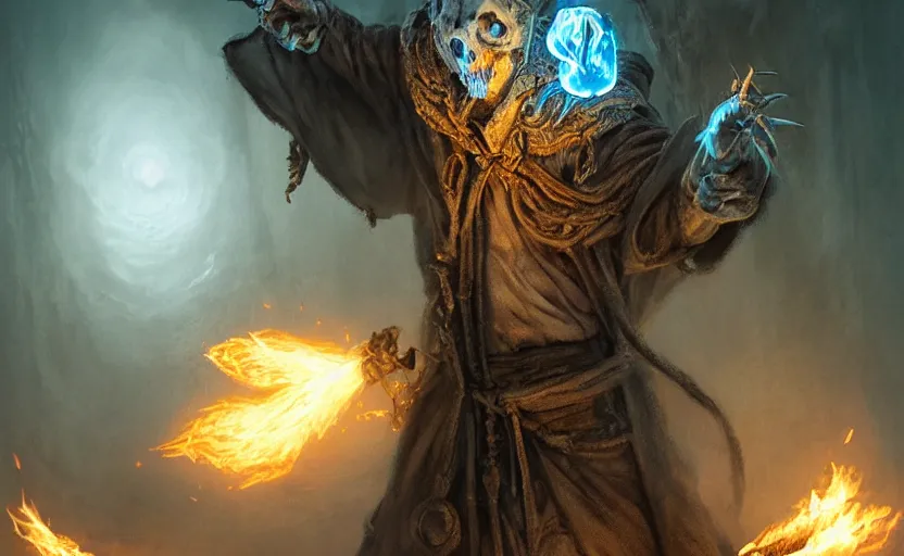 Image similar to portrait of a humanoid rat sorcerer with a rat skull face, laser eyes in the rat skull, dark hooded sorcerer robes, fantasy, d & d, greg rutkowski, frank frazetta, intricately detailed, impressive lighting, misty environment, holding a blue fire in each hand, power stance, ultimate power, doom, 8 k hdr