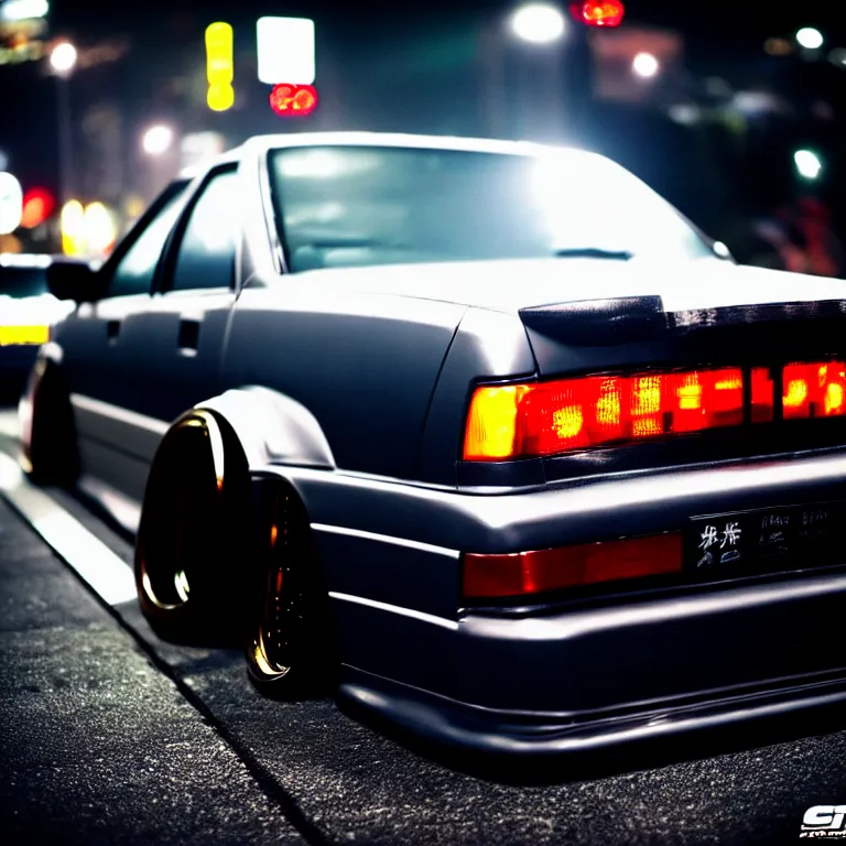 Image similar to close-up-photo JZX100 turbo illegal night meet, work-wheels, Shibuya shibuya, roadside, cinematic color, photorealistic, deep dish wheels, highly detailed, custom headlights