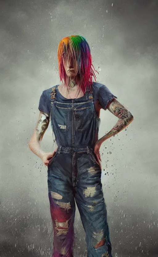 Prompt: a grungy woman with rainbow hair, drunk, angry, soft eyes and narrow chin, dainty figure, long hair straight down, torn overalls, basic white background, sie boob, in the rain, wet shirt, symmetrical, single person, style of by Jordan Grimmer and greg rutkowski, crisp lines and color,