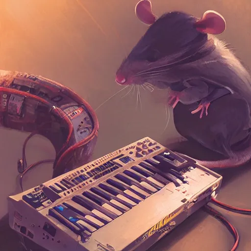 Image similar to a rat cyborg playing with a tb-303 synthesizer, by ruan jia