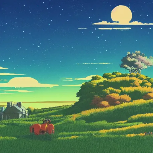 Prompt: epic landscape, studio ghibli, farm, risograph, lithograph, 8k colourful, artstation