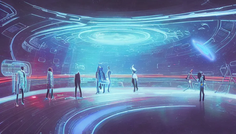 Image similar to a space ship circular room with bright holodesk in the center showing a blue hologram of a solar system, standing dark people discussing, contrasted light, clair obscur, illustration, clean lines, star wars vibe, by sead mead, by feng zhu!!! by moebius, vivid colors, spectacular cinematic scene