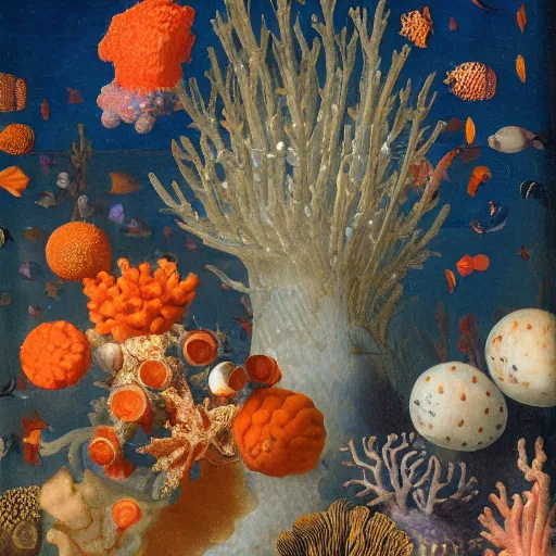 Image similar to bottle vase of coral under the sea decorated with a dense field of stylized scrolls that have opaque outlines enclosing mottled blue washes, with orange shells and purple fishes, Ambrosius Bosschaert the Elder, oil on canvas