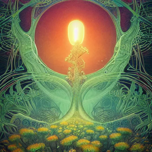 Prompt: breathtakingly detailed art nouveau ultrawide angle photo, alien ocean coral structures frame circle, closeup a gleaming humans energy field emitting bright glowing ripples, spiritual aura, bizarre overgrown alien temple in background, vivid caustics, symmetry, very low angle shot, smoke rises from the coral flowers, by studio ghibli, peter mohrbacher, fenghua