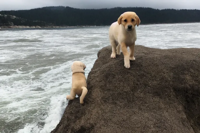 Image similar to a puppy is looking directly at the extreme water current below while it stands at an edge of a cliff