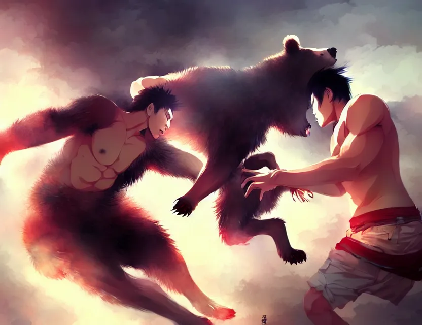 Prompt: asian male model fighting a bear, by nashimanga, anime illustration, anime key visual, beautiful anime - style digital painting by wlop, amazing wallpaper