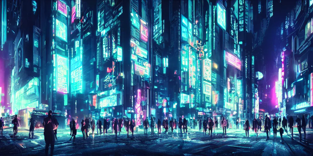 Image similar to a group of people standing outside of a building, cyberpunk art by liam wong, cgsociety, retrofuturism, glowing neon, neon, matte painting