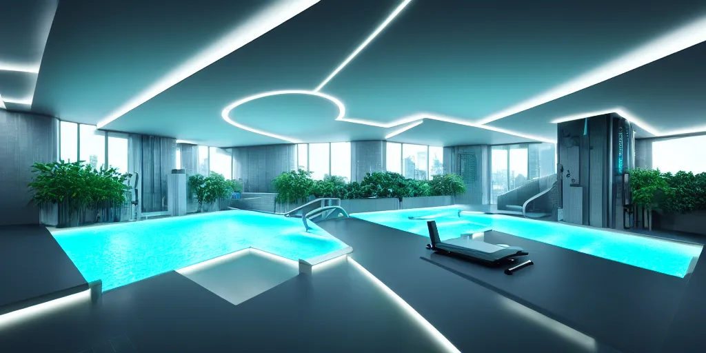 Prompt: architecture, futuristic ultra detailed concept design of a interior home design, gym swimming pool, plants, led bars, dark colors, iridescent, cyberpunk, ultra realistic, glowing, reflective, glass, octane render, raytracing, 8 k, renzo piano