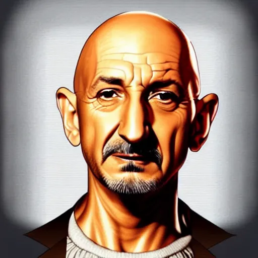 Prompt: ben kingsley's head has the form of an ice cream ball. it is on top of an ice cream cone. colorful ink, by artgerm