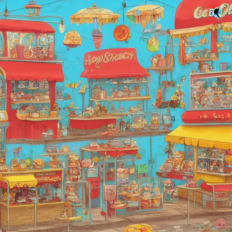 Image similar to ice cream shop, by richard scarry, intricate detail, HD, trending on artstation, fluorescent accents