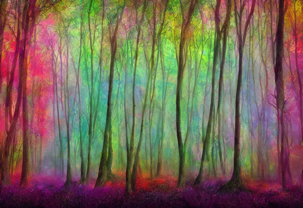 Image similar to conceptual art of an unseen forest, very colorful and magical surrounded by a wall made of fog