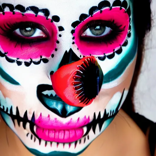 Image similar to an extreme close up photo of a attractive, alluring, beautiful, gorgeous, Mexican female, in her early 20s, wearing sugar skull make up