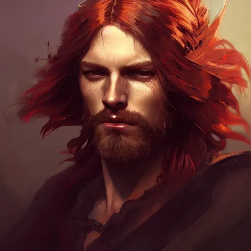 Image similar to portrait of a young rugged pirate, male, masculine, handsome, upper body, red hair, long hair, D&D, fantasy, intricate, elegant, highly detailed, digital painting, artstation, concept art, matte, sharp focus, illustration, art by Artgerm and Greg Rutkowski and Alphonse Mucha