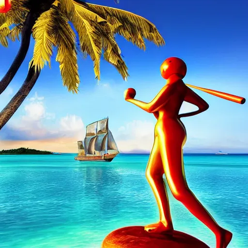 Image similar to digital art, trending on artstation, cycladic statue of a woman playing baseball, on a caribbean beach, a pirate ship in the background