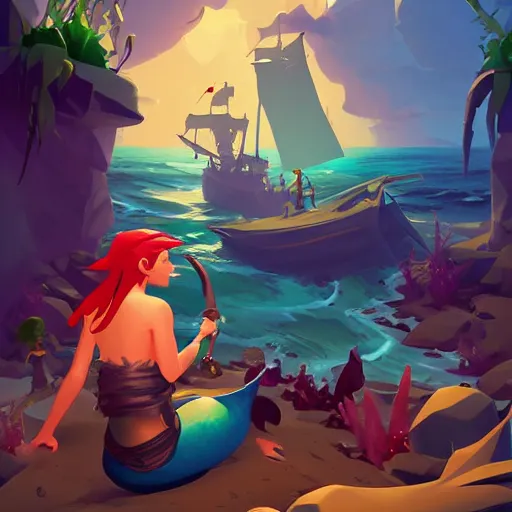 Image similar to painting mermaid treasure on sea of thieves game avatar hero smooth face median photoshop filter cutout vector, behance hd by jesper ejsing, by rhads, makoto shinkai and lois van baarle, ilya kuvshinov, rossdraws global illumination