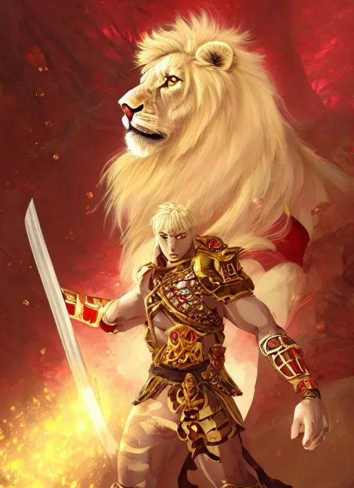 Image similar to aesthetic portrait commission of a of a male fully furry muscular anthro albino lion holding a golden katana and wearing shiny and wet heavy red and gold royal samurai full armor in a Japanese forest while storming, cinematic epic shot. Character design by charlie bowater, ross tran, artgerm, and makoto shinkai, detailed, inked, western comic book art, 2021 award winning film poster painting