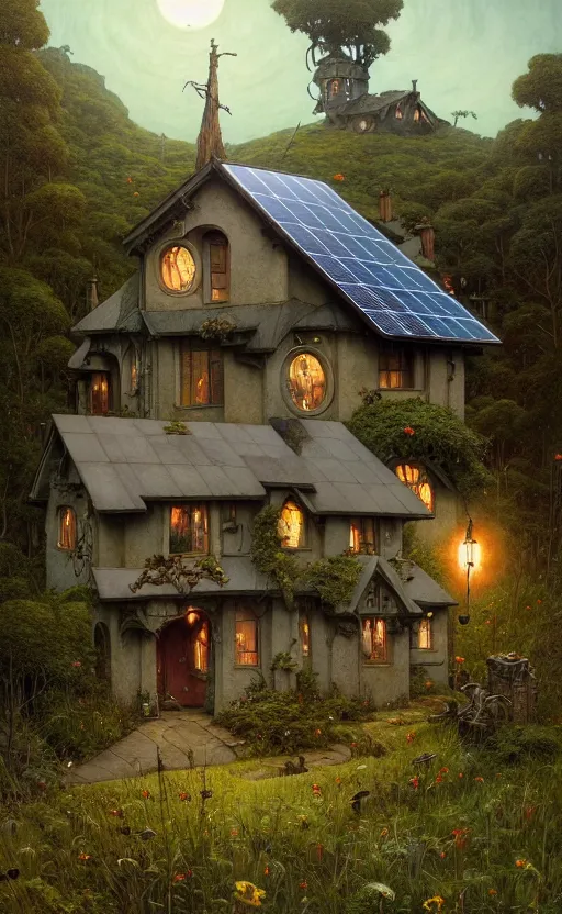 Image similar to a hyper realistic witchy cottage with solar panels on a tall hill, mountains, atmospheric lighting, lush foliage, painting by chiara bautista and tom bagshaw, mucha, beksinski and norman rockwell and greg rutkowski weta studio, and lucasfilm