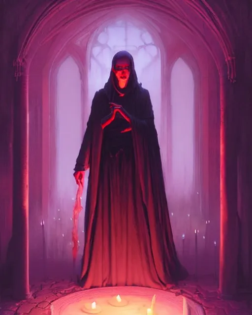 Prompt: Character concept art of Adult necromancer bringing dead to alive, casting dark magic spell. Castle room, lots of candles, barely lit warm violet red light, many transparent souls comes through the floor By greg rutkowski, tom bagshaw, beksinski