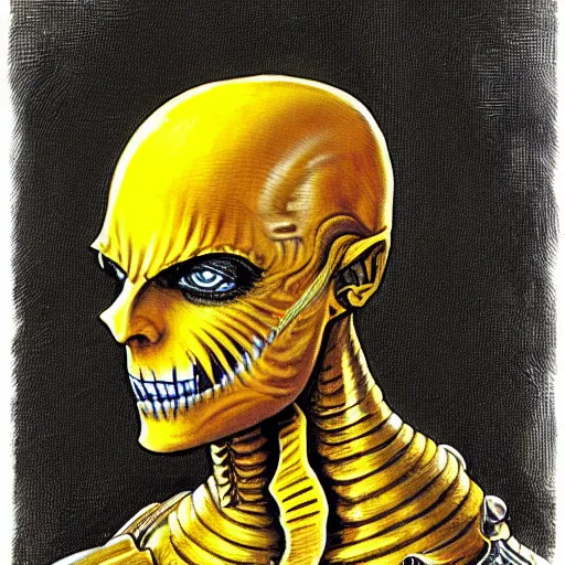 Image similar to ( ( ( head and shoulders portrait of a gaunt noseless yellow - skinned bald githyanki warrior in a breastplate, wielding a magical silver greatsword ) ) ), hr giger, d & d, fantasy, medieval