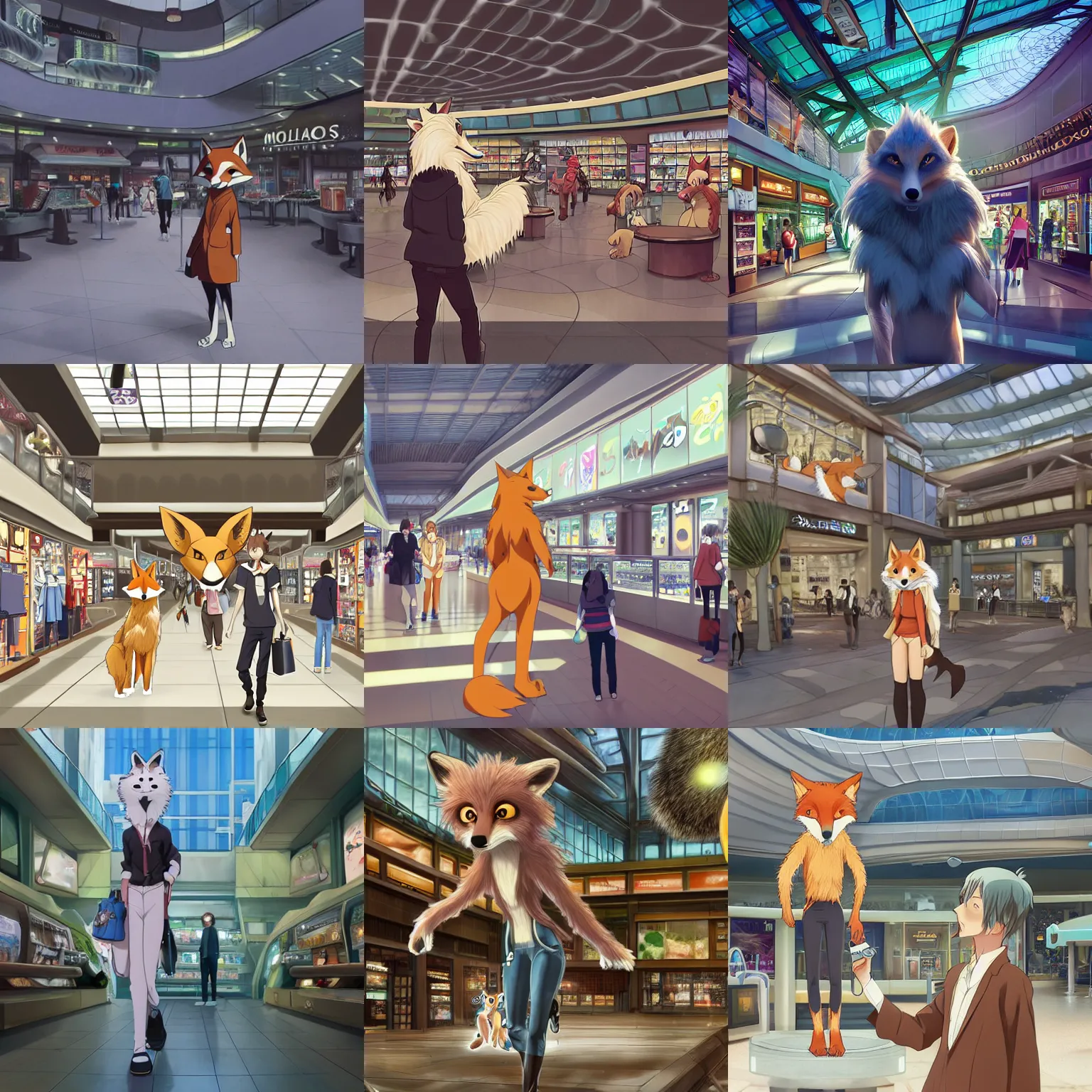 Prompt: an anthropomorphic natural furry ( ( fox ) ) person shopping at a futuristic mall, photorealistic, key anime art, makoto shinkai, james gurney, don!!!! bluth!!!!, disney, hibbary, dark natasha, goldenwolf, furaffinity, fursona, commission