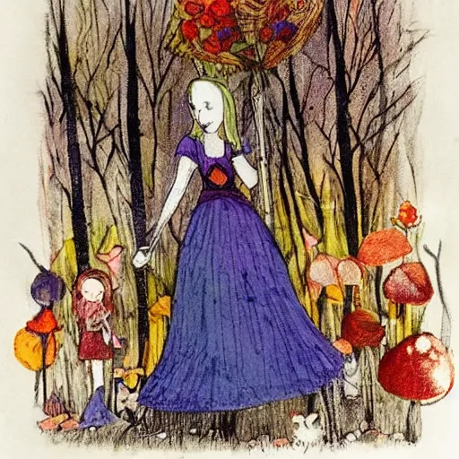 Image similar to In the art installation Vasilisa can be seen standing in the forest, surrounded by animals. She is holding a basket of flowers in one hand and a spindle in the other. Her face is turned towards the viewer, with a gentle expression. In the background, the forest is depicted as a dark and mysterious place. red by Richard Burlet, by Siya Oum decorative