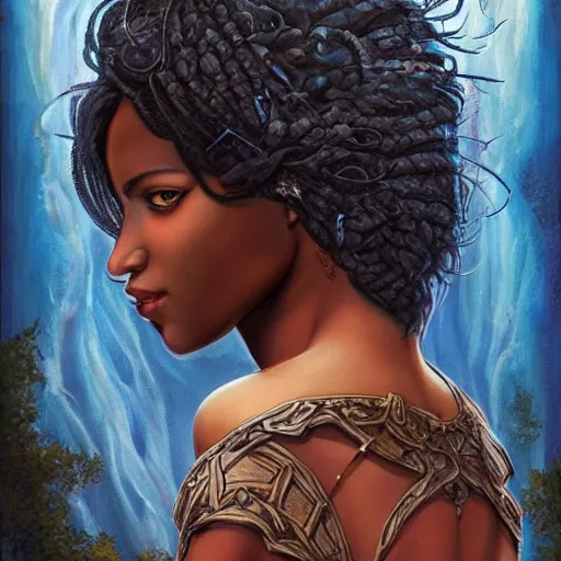 Image similar to happy 19th birthday, cover of a magnificent fantasy book by Neil Gaiman, portrait of a beautiful black hair girl, trending on artstation, highly detailed