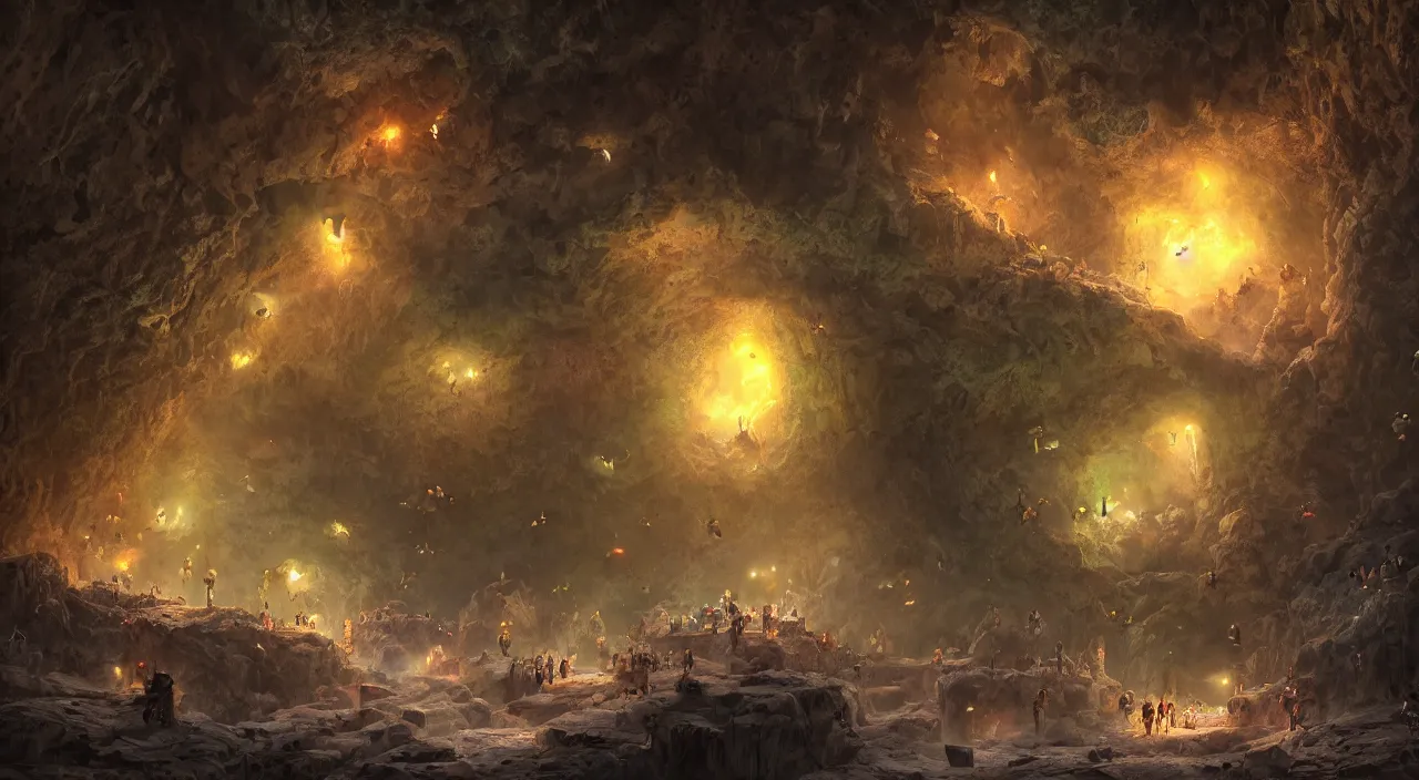 Image similar to a gloomy cave filled with giant hamsters and fireflies, mysterious, large scale, breathtaking, mixed media, digital art, trending on artstation, 8k, epic composition, highly detailed, AAA graphics