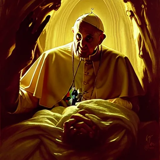 Image similar to the pope is in his bed, sweating, nervous and terrified, because a double horned shadow demon from hell lurks in the wall of the bedroom. highly detailed painting by gaston bussiere, j. c. leyendecker, greg rutkowski, craig mullins 8 k