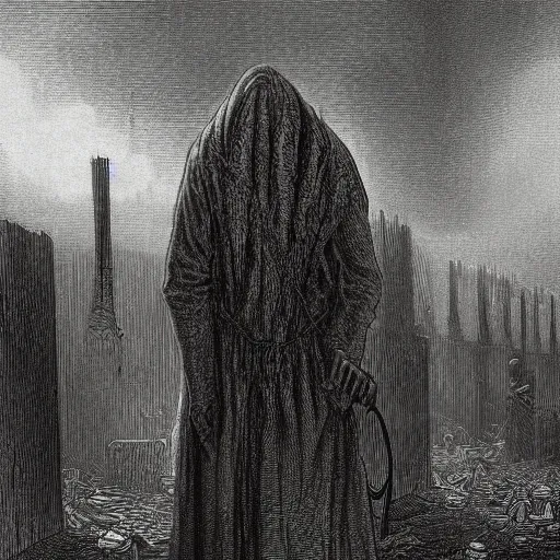 Image similar to 9 steel barrels in a graveyard, 2 zombies, creepy atmosphere, dark, portrait, realistic, illustration by gustave dore