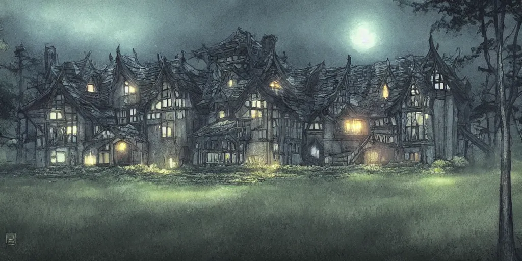 Prompt: manor in the middle of the forest, at night, no light, artstation, detailled, manga!!!, fantasy