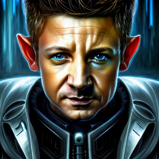 Image similar to portrait painting of a cyberpunk elven cop who looks like jeremy renner, ultra realistic, concept art, intricate details, eerie, highly detailed, photorealistic, octane render, 8 k, unreal engine. art by artgerm and greg staples and elsa beskow and brian froud and jessica rossier