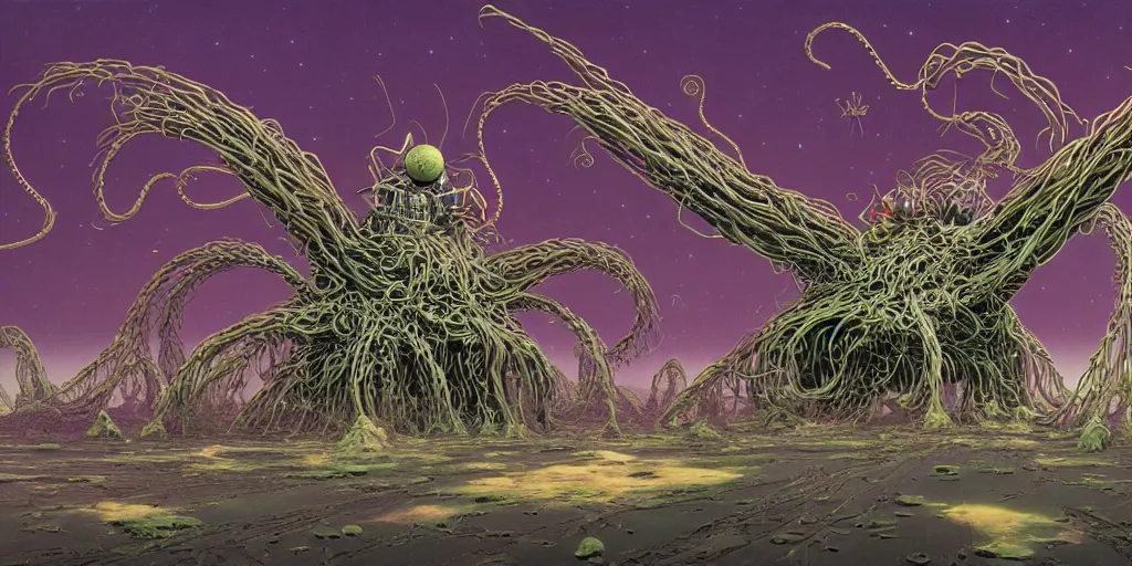 Prompt: concept art of the flying spaghetti monster with eyes on antennae flying in the outer space by roger dean, by masamune shirow, by wayne barlowe, futuristic, portrait, 4 k, wide eyes, hyper detailed, hyperrealism, muted colors,