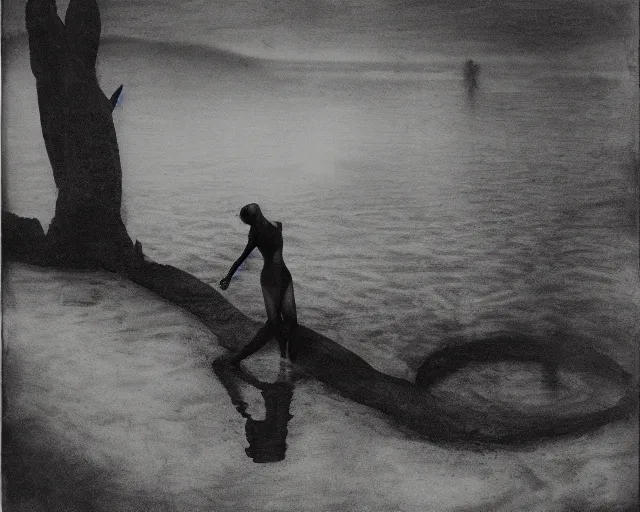 Image similar to a dreamy black and white photo of a person in the water, a surrealist painting by Nell Dorr, land art, surrealist, charcoal drawing, demonic photograph