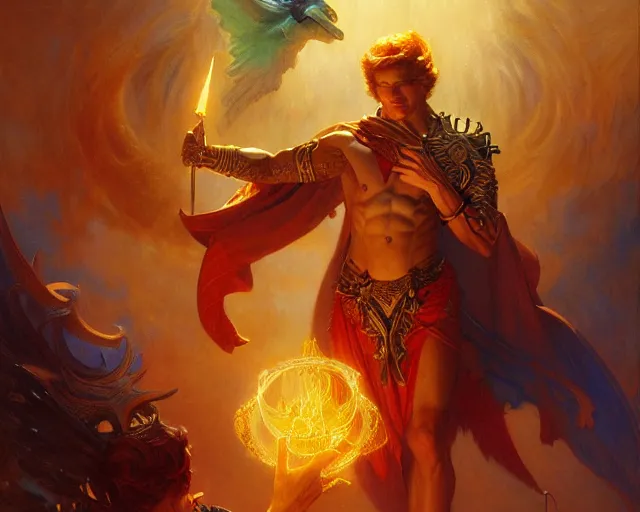 Image similar to attractive male deity, casting demonic magic, summoning handsome lucifer morning star. highly detailed painting by gaston bussiere, craig mullins, j. c. leyendecker 8 k