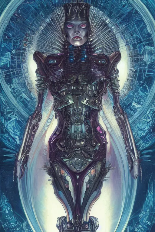 Image similar to portrait of mad alien robot queen, symmetrical, by yoichi hatakenaka, juan gimenez, brom, karol bak, alphone mucha, gustave dore