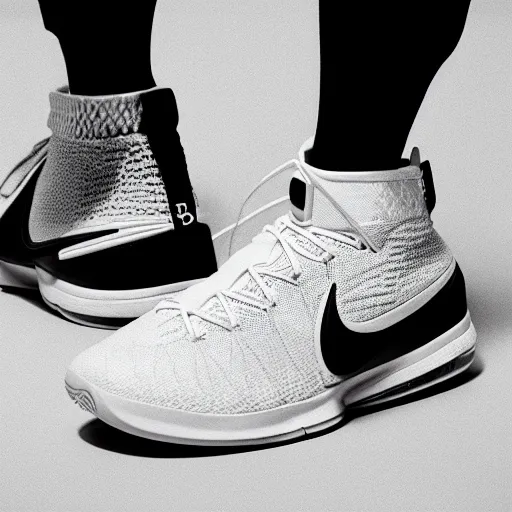 Image similar to a studio photoshoot of a Nike Lebron sneaker collab designed by Dieter Rams, air technology, geometric, knitted mesh material, realistic, color film photography by Tlyer Mitchell, 35 mm, graflex